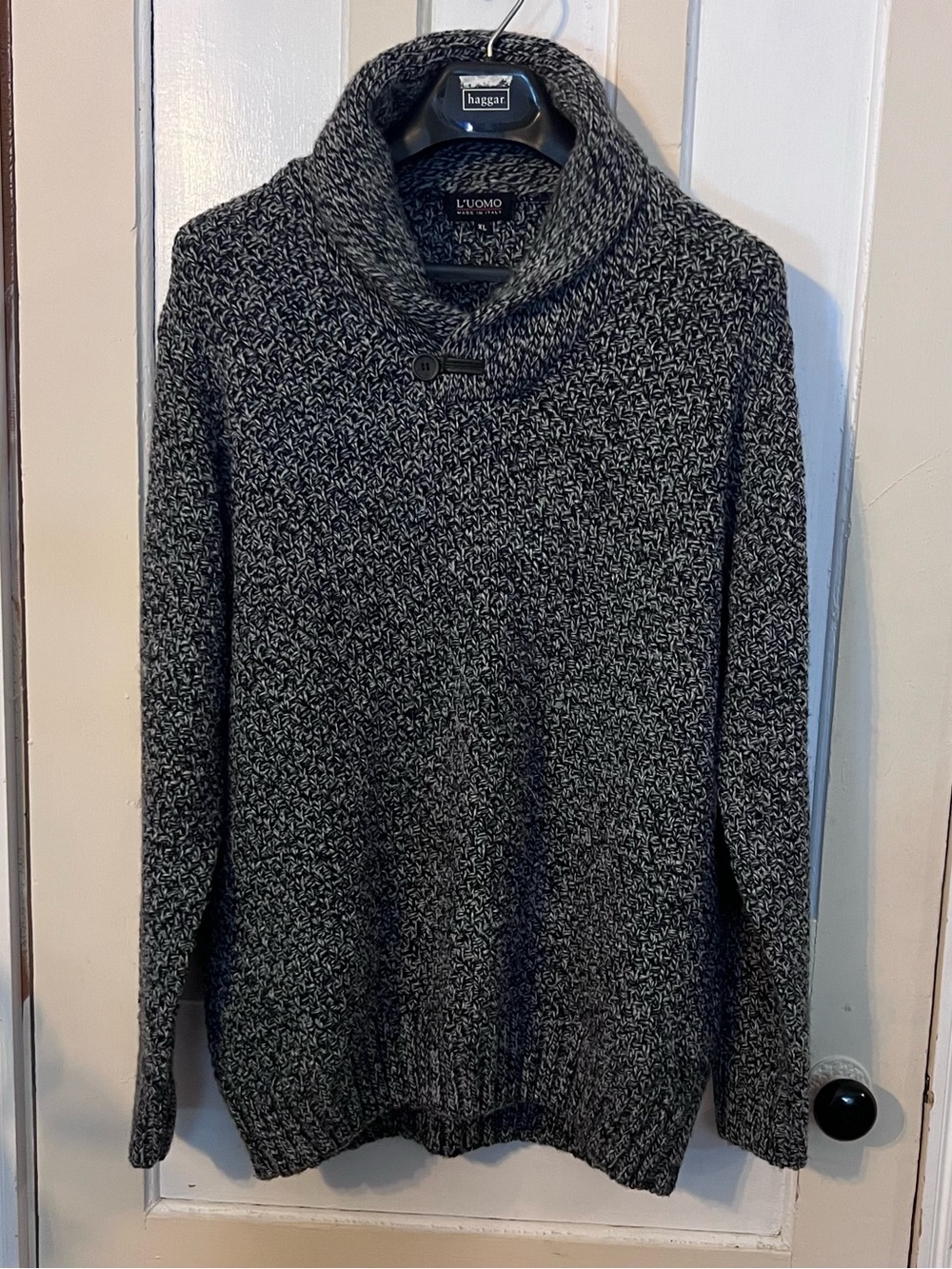 L’UOMO Men’s 1 Button Shawl Neck Sweater Size XLarge In Black/Gray/White